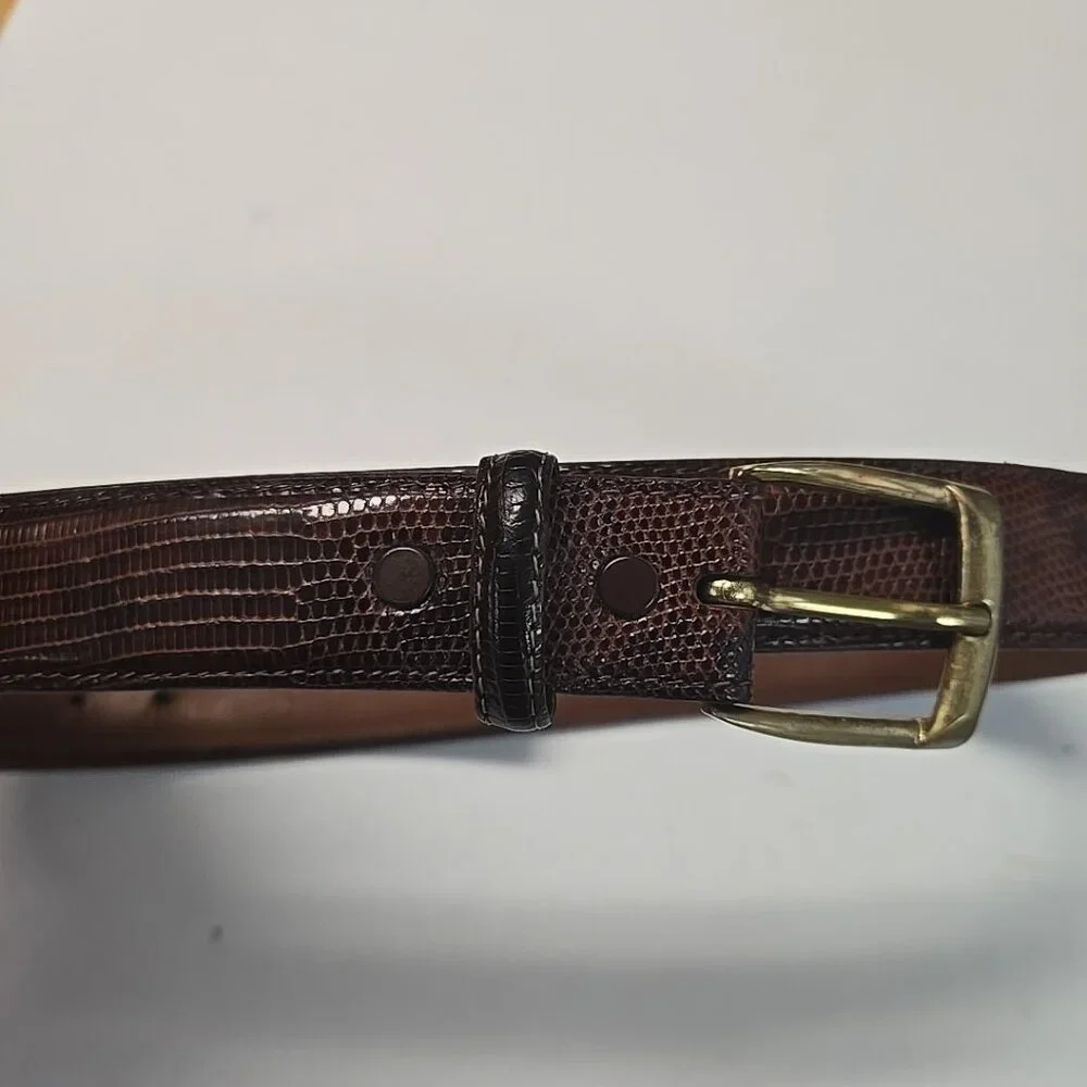 TORINO Elite Ringmark Lizard Brown Leather Belt Gold Tone Brass Buckle Size 42